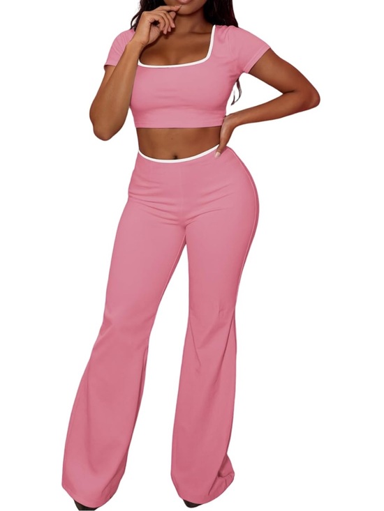Pants - Ulovmi Womens Sets 2 Piece Outfits Short Sleeve Crop Square Neck Top Wide Leg